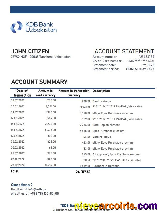 Uzbekistan KDB bank statement